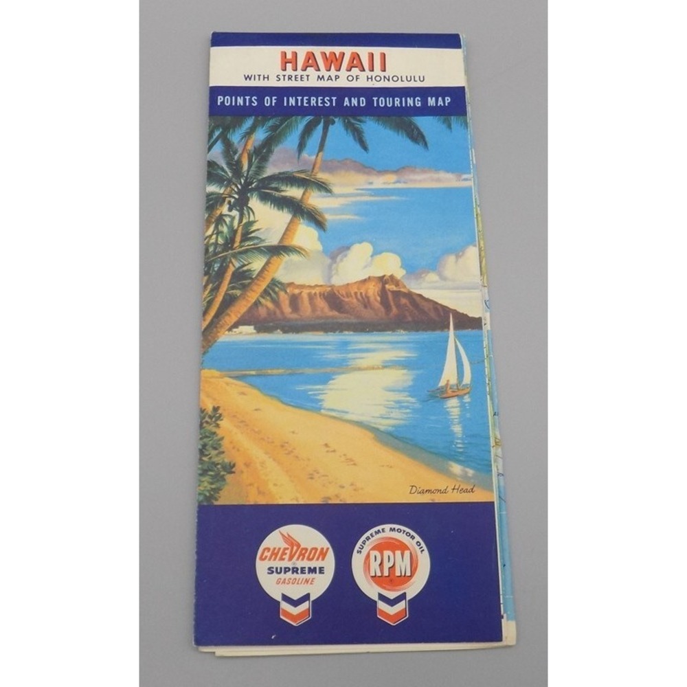 1959 Chevron Hawaii Map RPM Supreme Diamond Head Cover Art Tourist Map Vintage